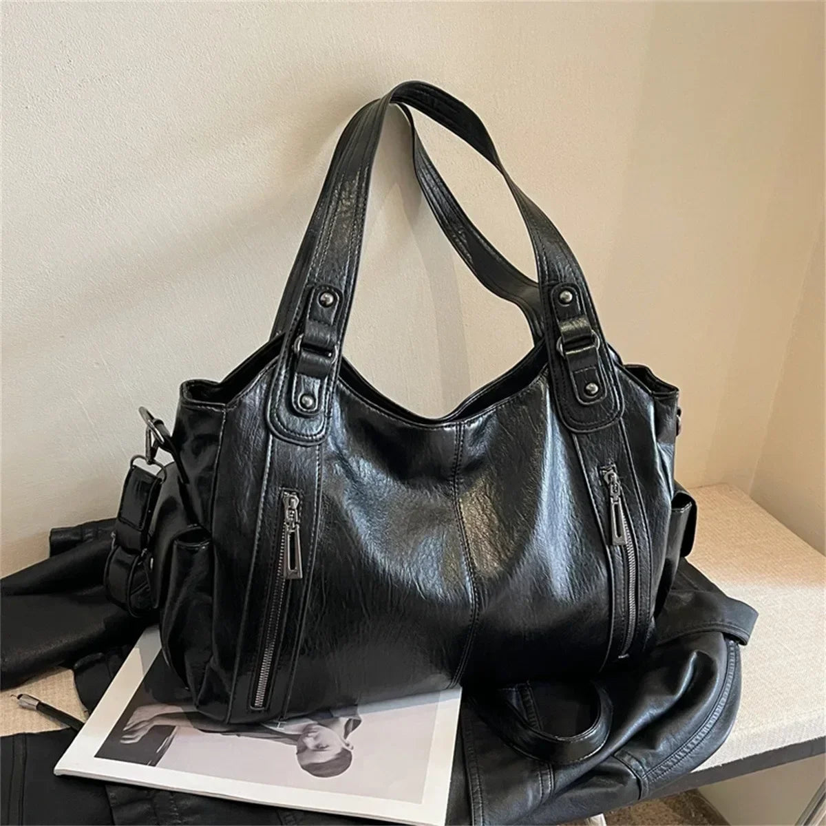 Multi-Pocket Leather Shoulder Bag