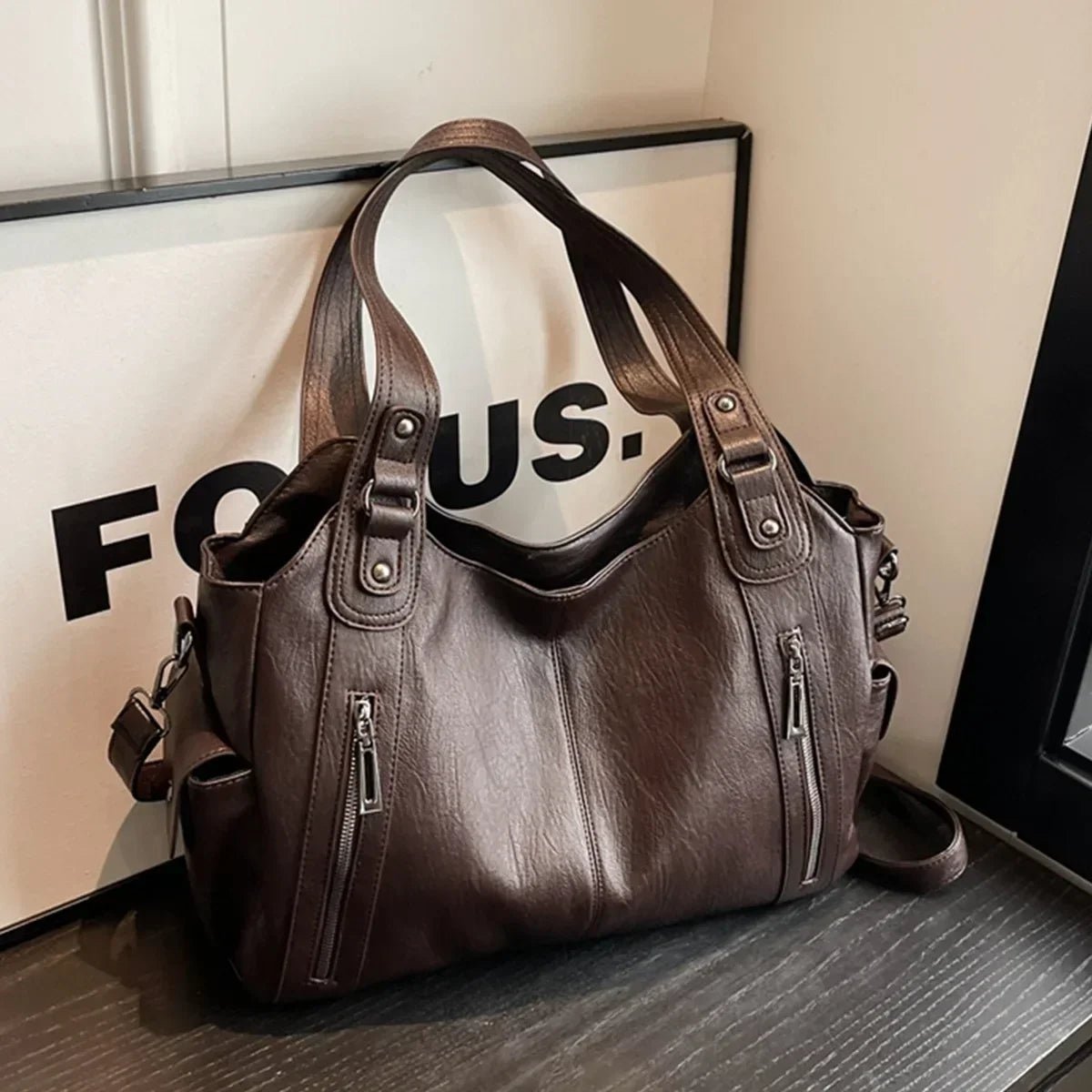 Multi-Pocket Leather Shoulder Bag