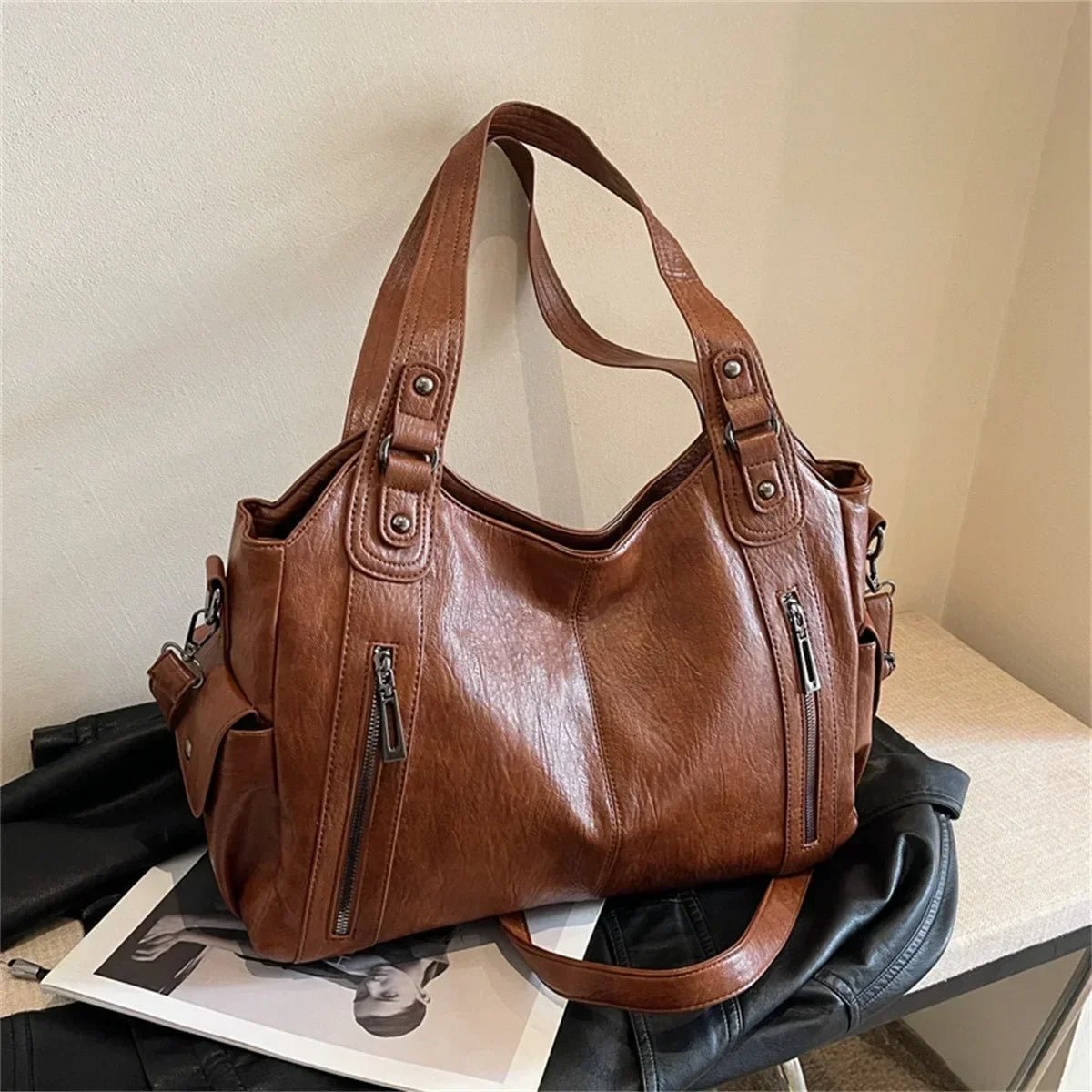 Multi-Pocket Leather Shoulder Bag