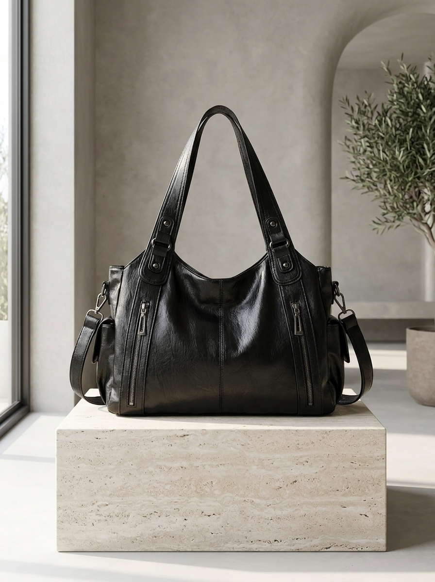 Multi-Pocket Leather Shoulder Bag